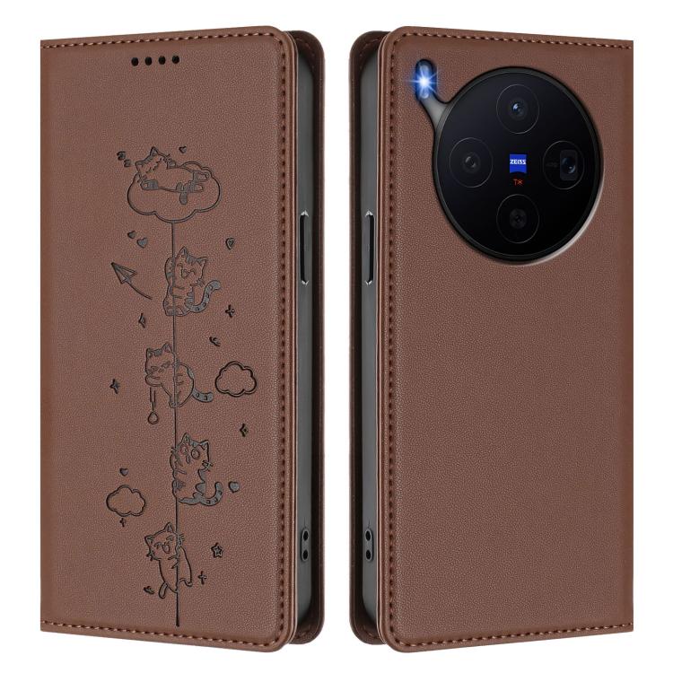 For vivo X300 Cute Cats Embossed Magnetic RFID Vegan Leather Phone Case