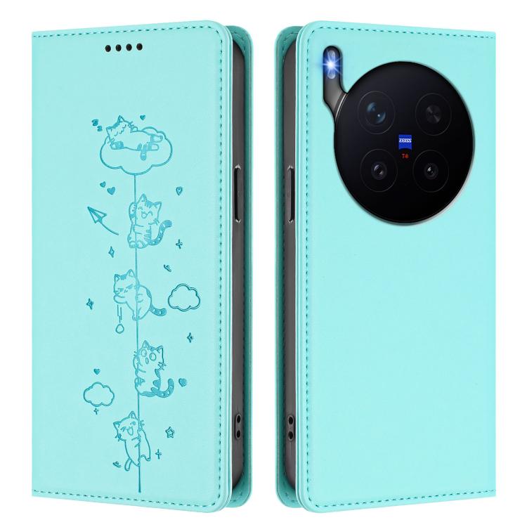 For vivo X300 Pro Cute Cats Embossed Magnetic RFID Vegan Leather Phone Case