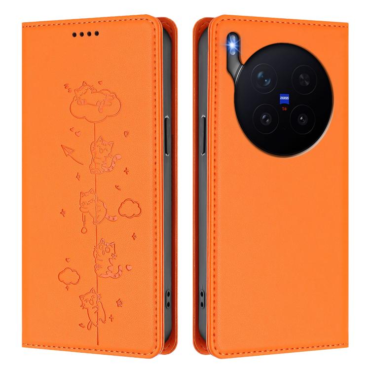 For vivo X300 Pro Cute Cats Embossed Magnetic RFID Vegan Leather Phone Case