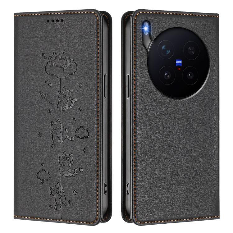 For vivo X300 Pro Cute Cats Embossed Magnetic RFID Vegan Leather Phone Case