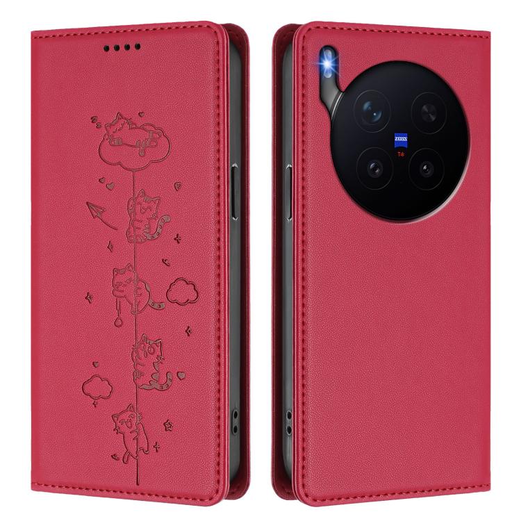 For vivo X300 Pro Cute Cats Embossed Magnetic RFID Vegan Leather Phone Case