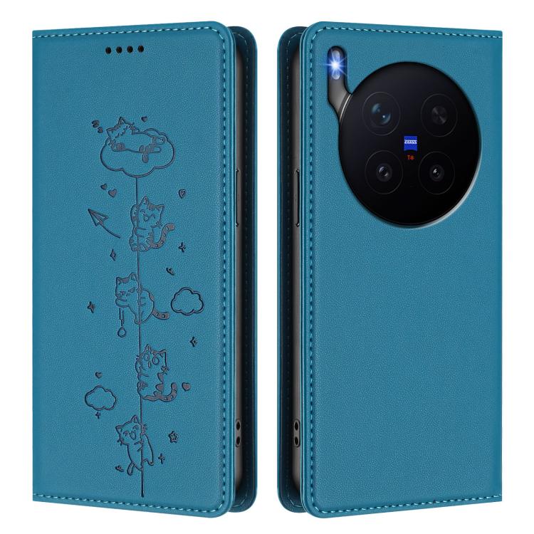 For vivo X300 Pro Cute Cats Embossed Magnetic RFID Vegan Leather Phone Case