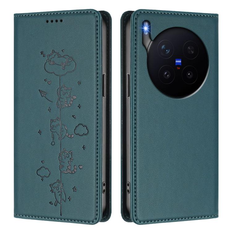 For vivo X300 Pro Cute Cats Embossed Magnetic RFID Vegan Leather Phone Case