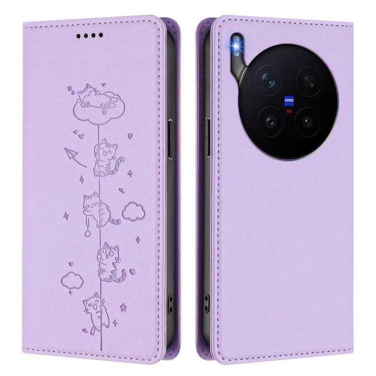 For vivo X300 Pro Cute Cats Embossed Magnetic RFID Vegan Leather Phone Case