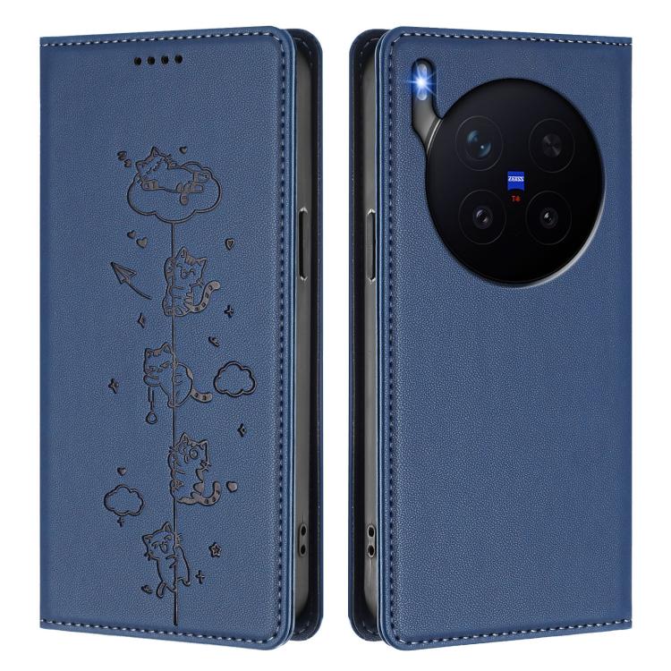 For vivo X300 Pro Cute Cats Embossed Magnetic RFID Vegan Leather Phone Case