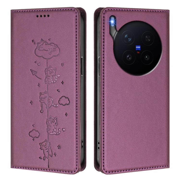 For vivo X300 Pro Cute Cats Embossed Magnetic RFID Vegan Leather Phone Case