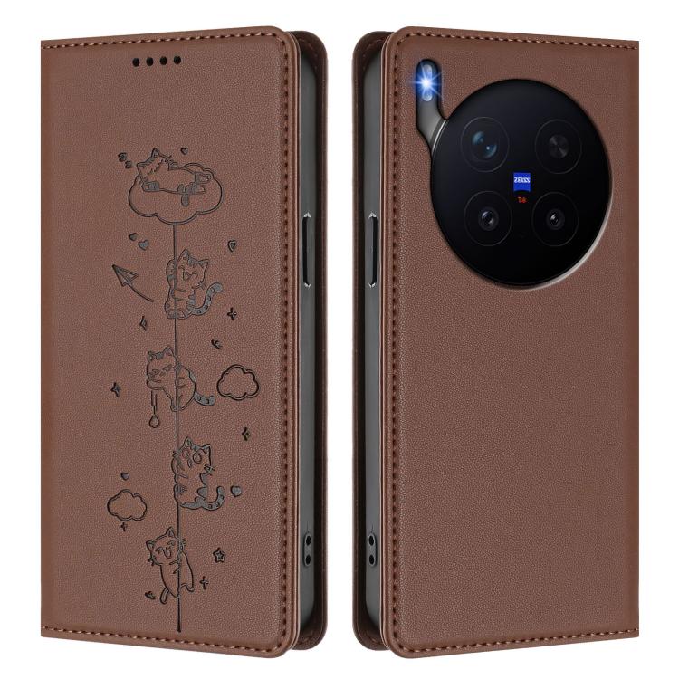 For vivo X300 Pro Cute Cats Embossed Magnetic RFID Vegan Leather Phone Case