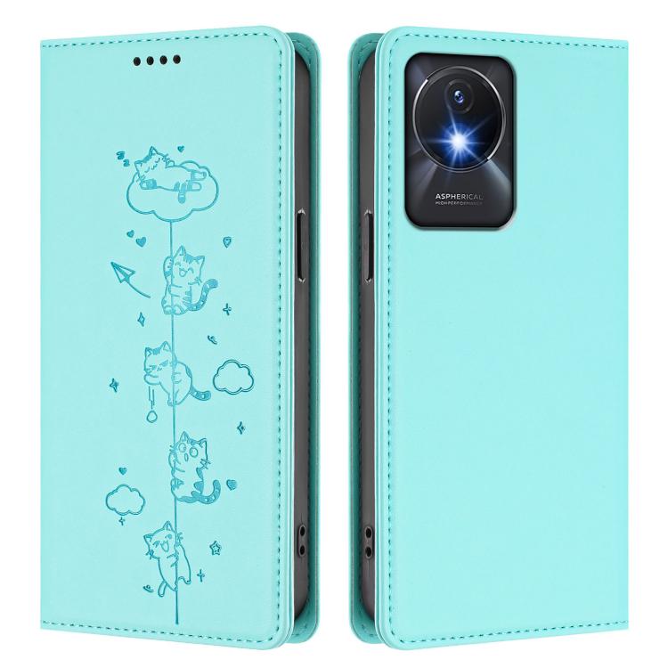 For vivo Y02A / Y02 4G / Y11 Cute Cats Embossed Magnetic RFID Vegan Leather Phone Case