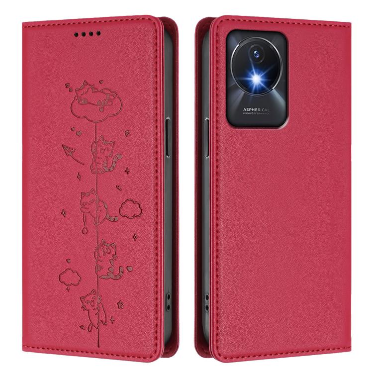 For vivo Y02A / Y02 4G / Y11 Cute Cats Embossed Magnetic RFID Vegan Leather Phone Case