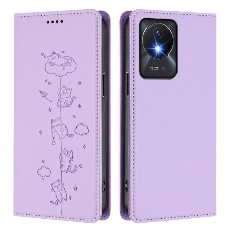 For vivo Y02A / Y02 4G / Y11 Cute Cats Embossed Magnetic RFID Vegan Leather Phone Case