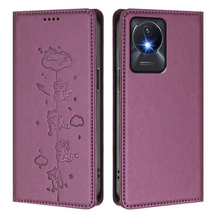 For vivo Y02A / Y02 4G / Y11 Cute Cats Embossed Magnetic RFID Vegan Leather Phone Case