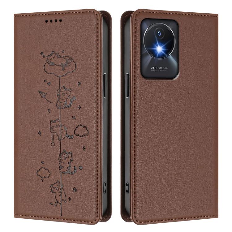 For vivo Y02A / Y02 4G / Y11 Cute Cats Embossed Magnetic RFID Vegan Leather Phone Case