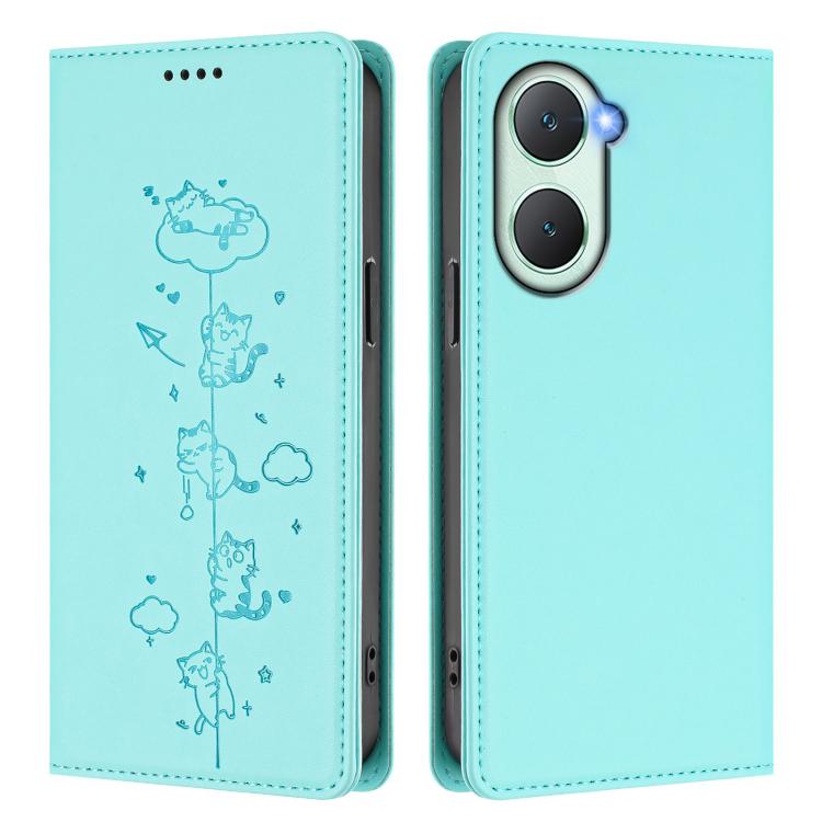 For vivo Y03 4G / Y18 4G / Y28s 5G Cute Cats Embossed Magnetic RFID Vegan Leather Phone Case