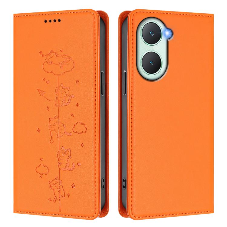 For vivo Y03 4G / Y18 4G / Y28s 5G Cute Cats Embossed Magnetic RFID Vegan Leather Phone Case