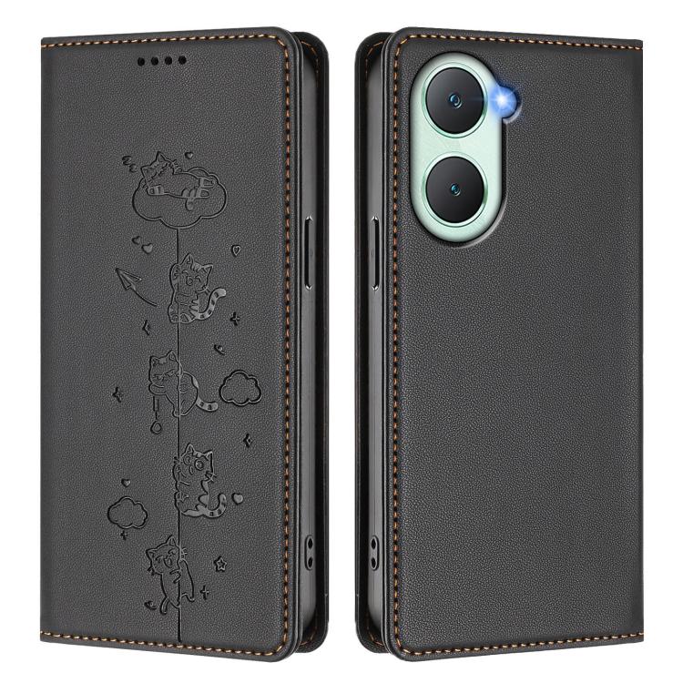 For vivo Y03 4G / Y18 4G / Y28s 5G Cute Cats Embossed Magnetic RFID Vegan Leather Phone Case
