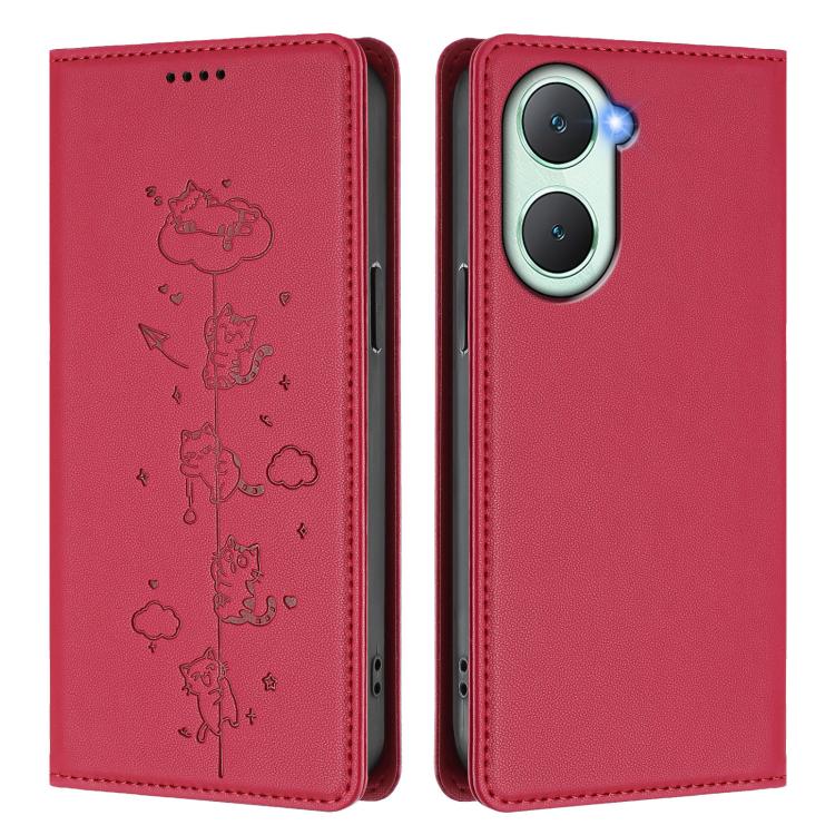 For vivo Y03 4G / Y18 4G / Y28s 5G Cute Cats Embossed Magnetic RFID Vegan Leather Phone Case