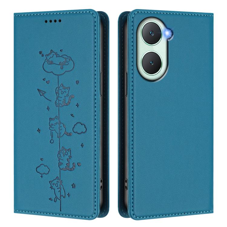 For vivo Y03 4G / Y18 4G / Y28s 5G Cute Cats Embossed Magnetic RFID Vegan Leather Phone Case