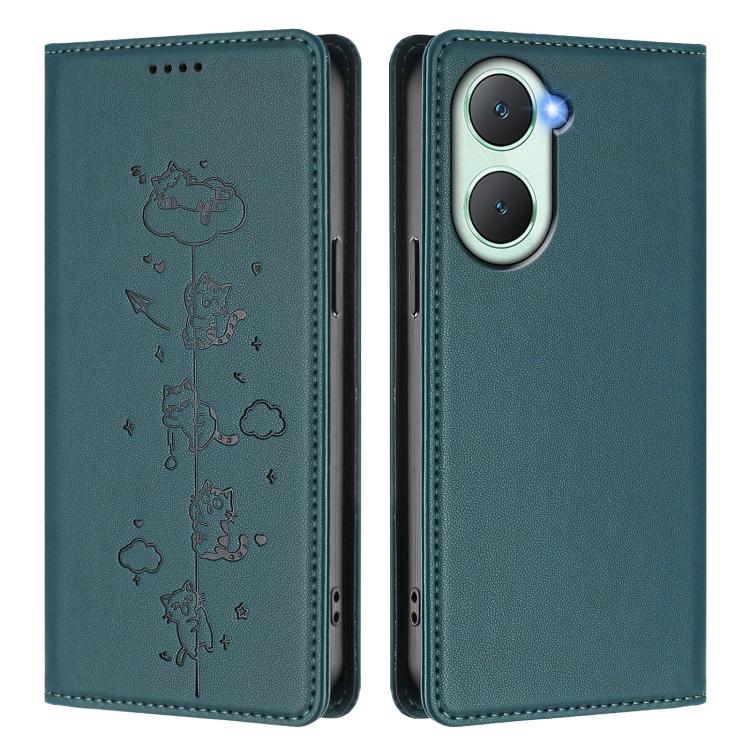For vivo Y03 4G / Y18 4G / Y28s 5G Cute Cats Embossed Magnetic RFID Vegan Leather Phone Case