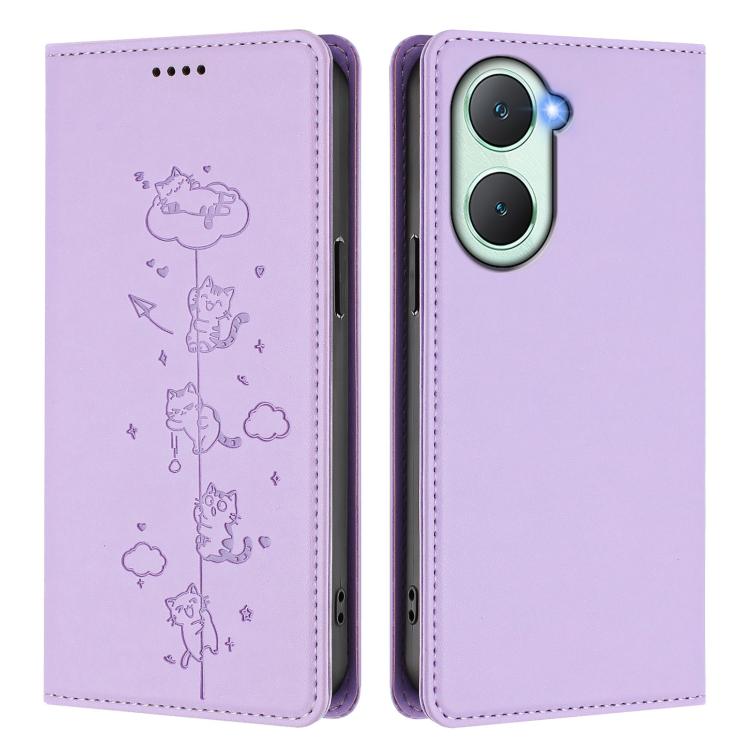 For vivo Y03 4G / Y18 4G / Y28s 5G Cute Cats Embossed Magnetic RFID Vegan Leather Phone Case