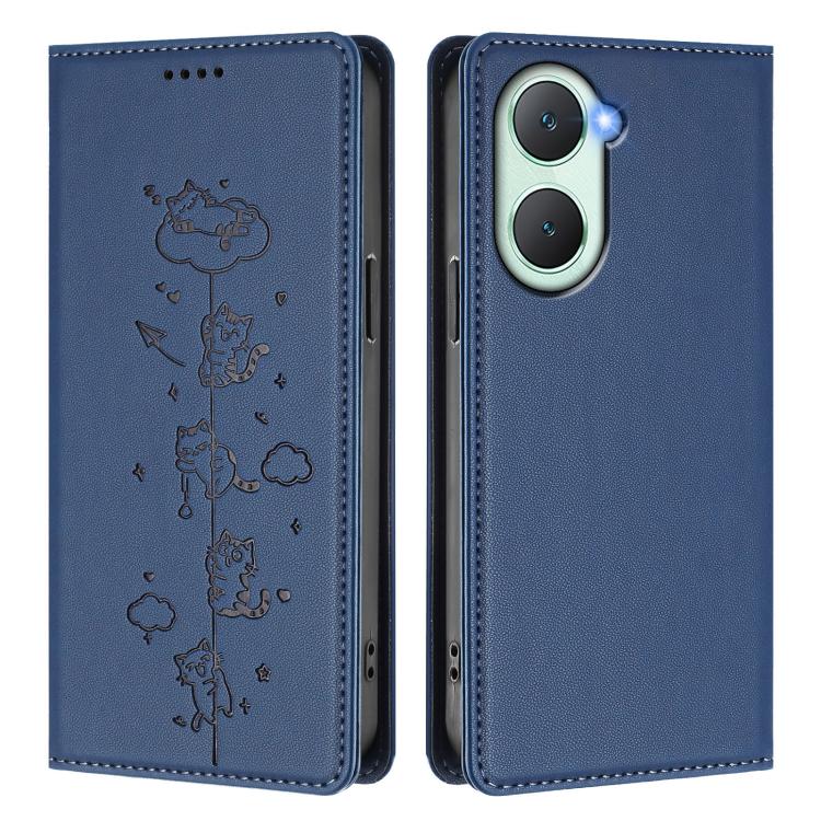 For vivo Y03 4G / Y18 4G / Y28s 5G Cute Cats Embossed Magnetic RFID Vegan Leather Phone Case