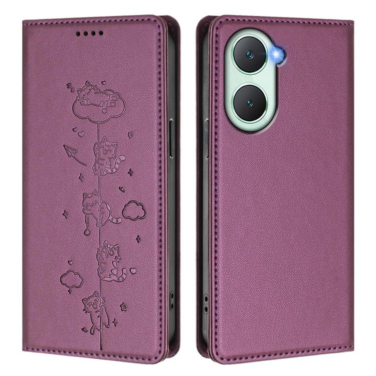 For vivo Y03 4G / Y18 4G / Y28s 5G Cute Cats Embossed Magnetic RFID Vegan Leather Phone Case
