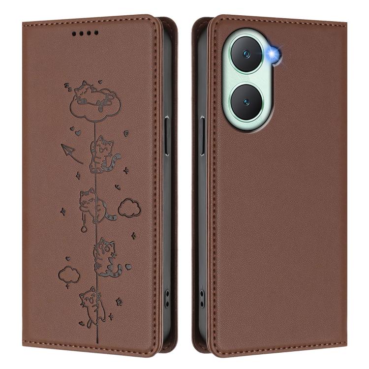 For vivo Y03 4G / Y18 4G / Y28s 5G Cute Cats Embossed Magnetic RFID Vegan Leather Phone Case