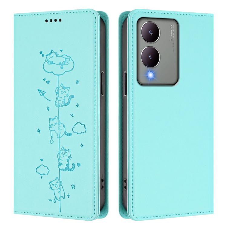 For vivo Y17s 4G Cute Cats Embossed Magnetic RFID Vegan Leather Phone Case