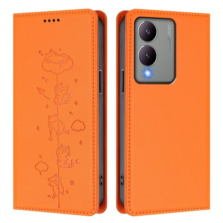 For vivo Y17s 4G Cute Cats Embossed Magnetic RFID Vegan Leather Phone Case