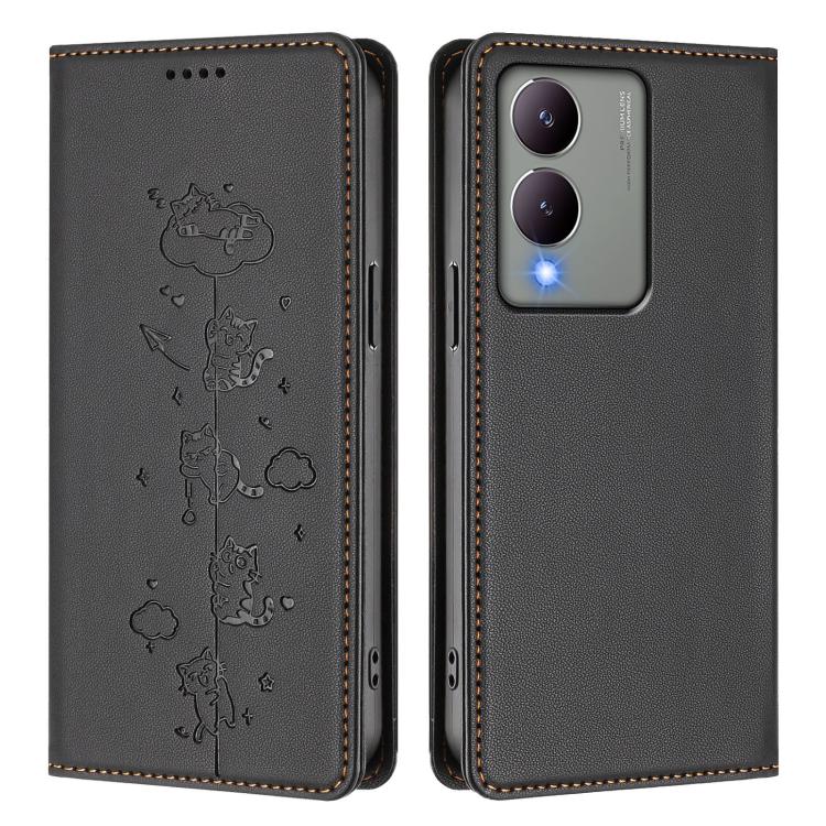 For vivo Y17s 4G Cute Cats Embossed Magnetic RFID Vegan Leather Phone Case