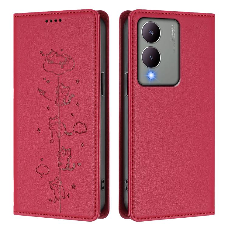 For vivo Y17s 4G Cute Cats Embossed Magnetic RFID Vegan Leather Phone Case