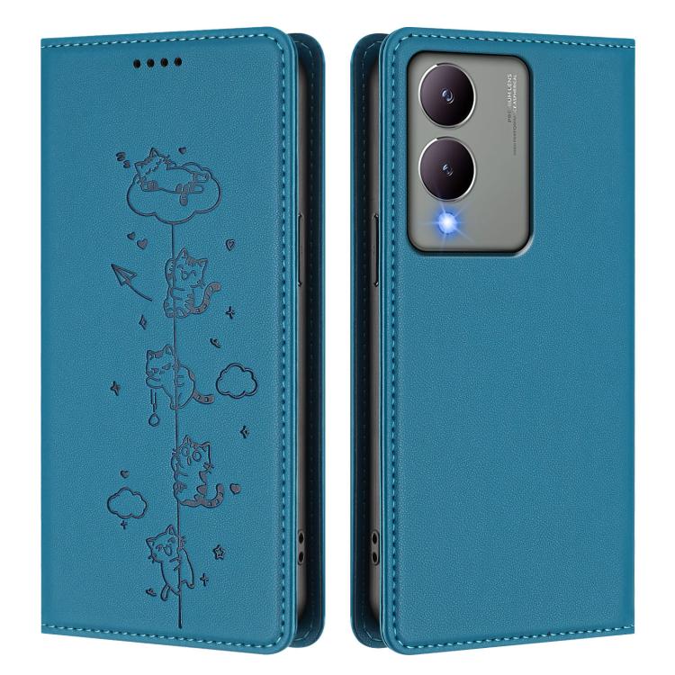 For vivo Y17s 4G Cute Cats Embossed Magnetic RFID Vegan Leather Phone Case