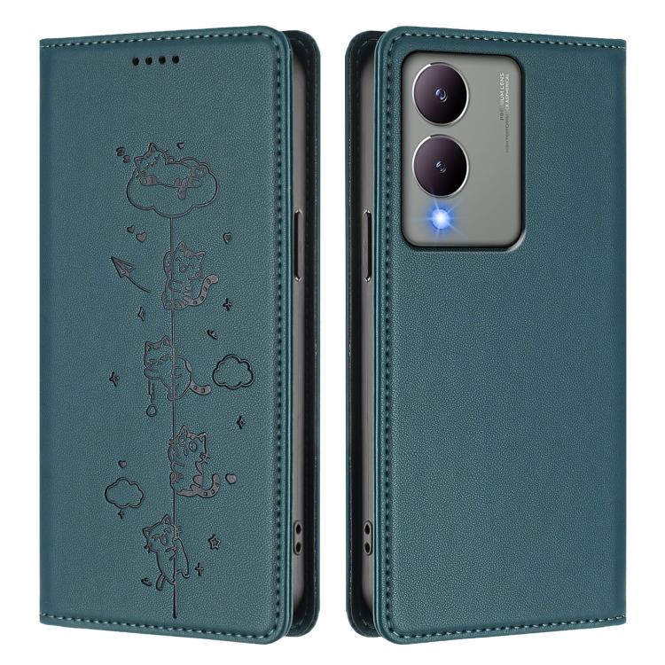 For vivo Y17s 4G Cute Cats Embossed Magnetic RFID Vegan Leather Phone Case