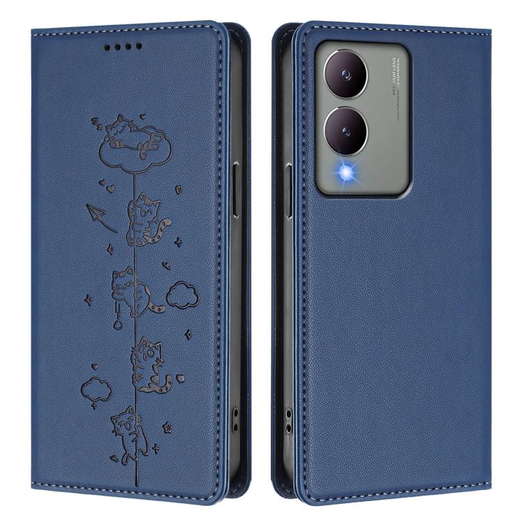 For vivo Y17s 4G Cute Cats Embossed Magnetic RFID Vegan Leather Phone Case