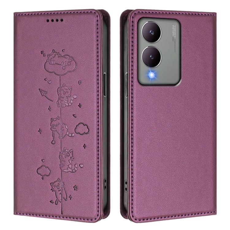 For vivo Y17s 4G Cute Cats Embossed Magnetic RFID Vegan Leather Phone Case