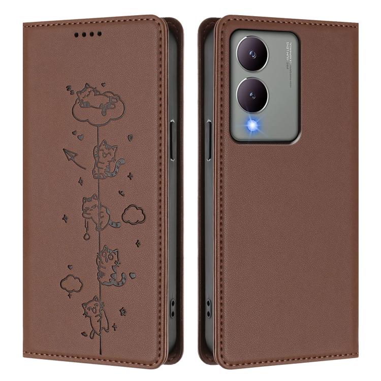 For vivo Y17s 4G Cute Cats Embossed Magnetic RFID Vegan Leather Phone Case