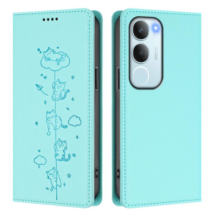 For vivo Y29 5G India / Y19s 4G Cute Cats Embossed Magnetic RFID Vegan Leather Phone Case