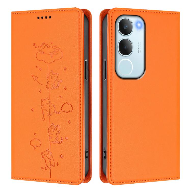 For vivo Y29 5G India / Y19s 4G Cute Cats Embossed Magnetic RFID Vegan Leather Phone Case