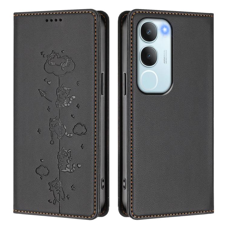 For vivo Y29 5G India / Y19s 4G Cute Cats Embossed Magnetic RFID Vegan Leather Phone Case