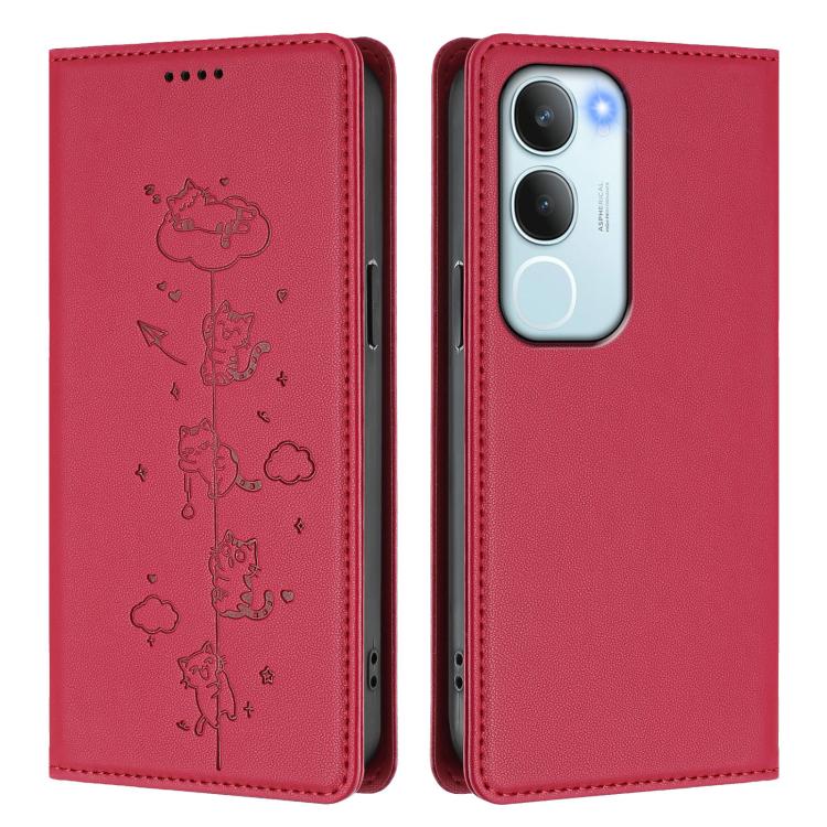 For vivo Y29 5G India / Y19s 4G Cute Cats Embossed Magnetic RFID Vegan Leather Phone Case