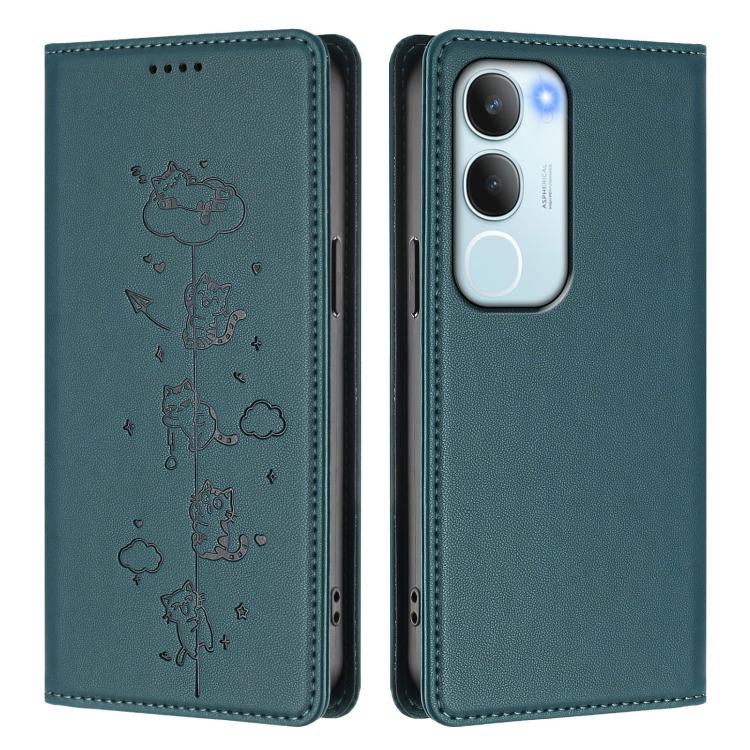 For vivo Y29 5G India / Y19s 4G Cute Cats Embossed Magnetic RFID Vegan Leather Phone Case