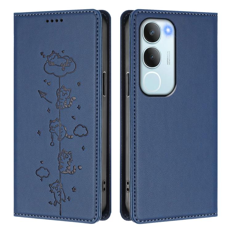 For vivo Y29 5G India / Y19s 4G Cute Cats Embossed Magnetic RFID Vegan Leather Phone Case