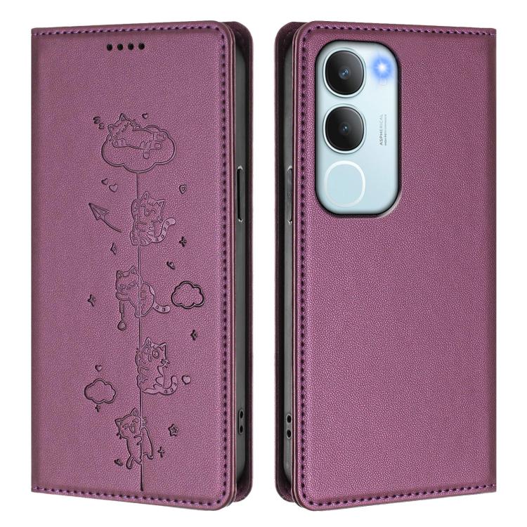 For vivo Y29 5G India / Y19s 4G Cute Cats Embossed Magnetic RFID Vegan Leather Phone Case
