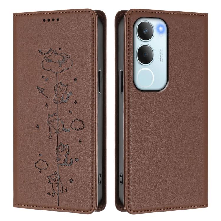 For vivo Y29 5G India / Y19s 4G Cute Cats Embossed Magnetic RFID Vegan Leather Phone Case