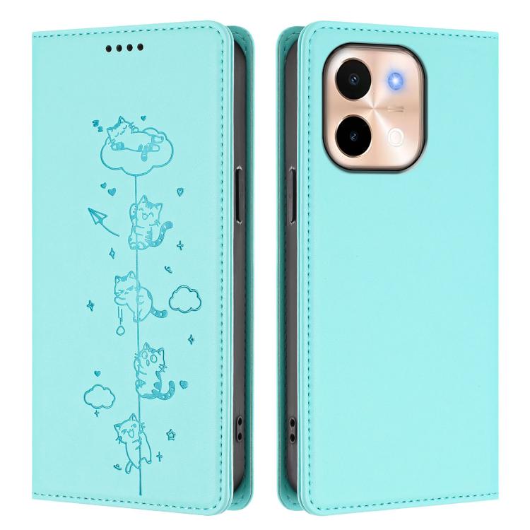 For vivo Y28 4G Cute Cats Embossed Magnetic RFID Vegan Leather Phone Case