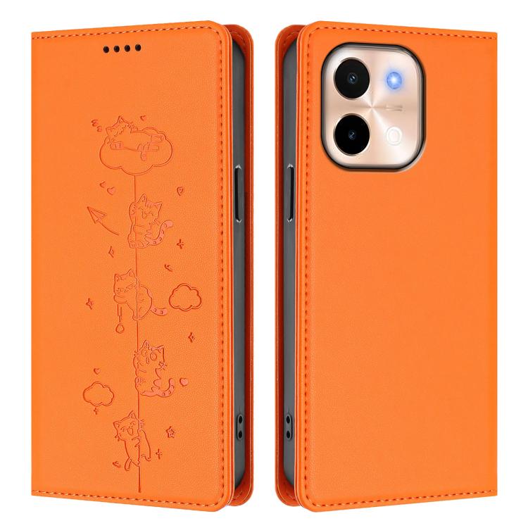 For vivo Y28 4G Cute Cats Embossed Magnetic RFID Vegan Leather Phone Case