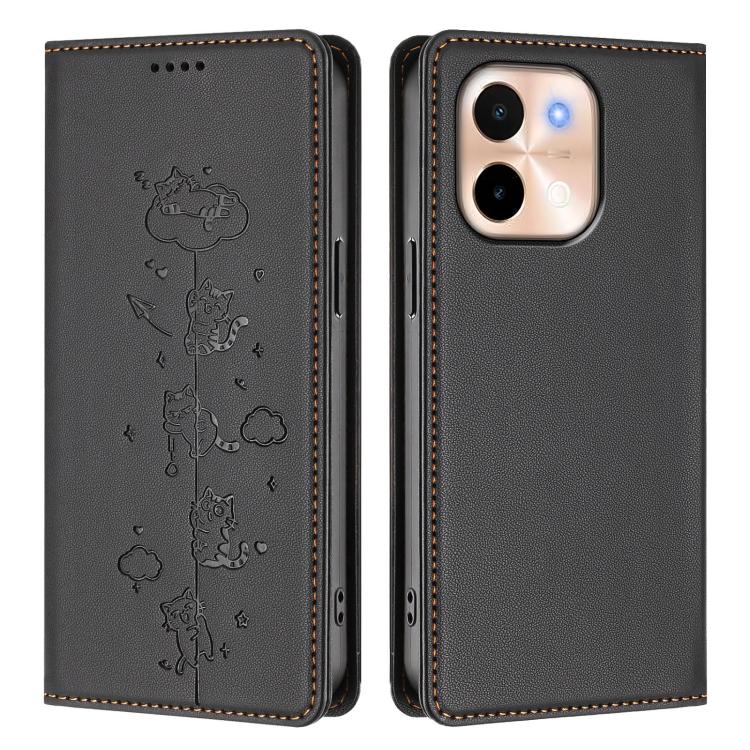 For vivo Y28 4G Cute Cats Embossed Magnetic RFID Vegan Leather Phone Case