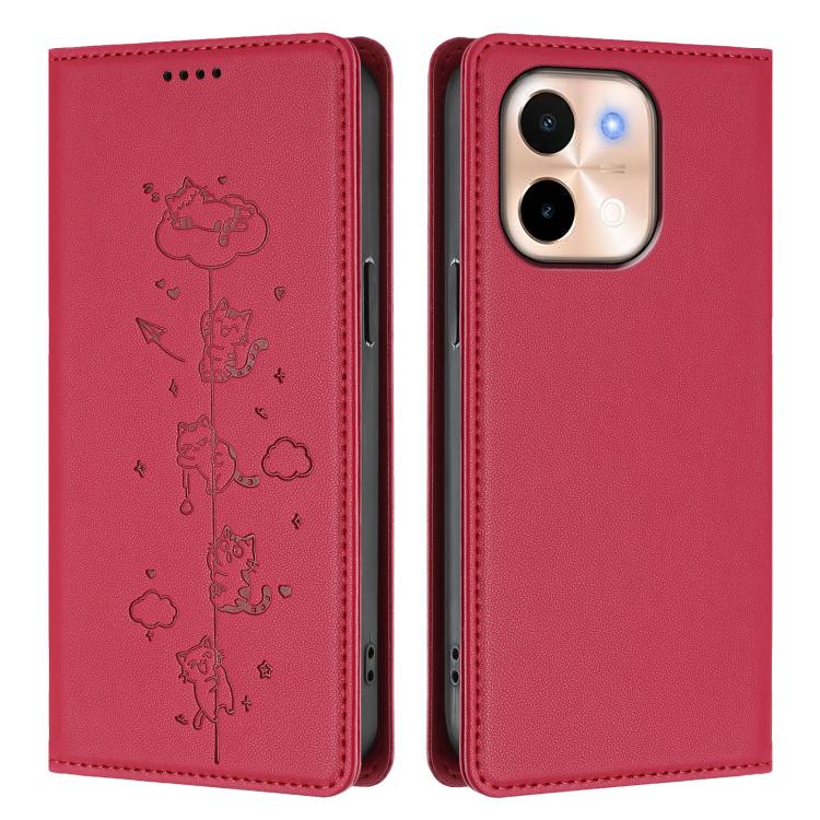 For vivo Y28 4G Cute Cats Embossed Magnetic RFID Vegan Leather Phone Case