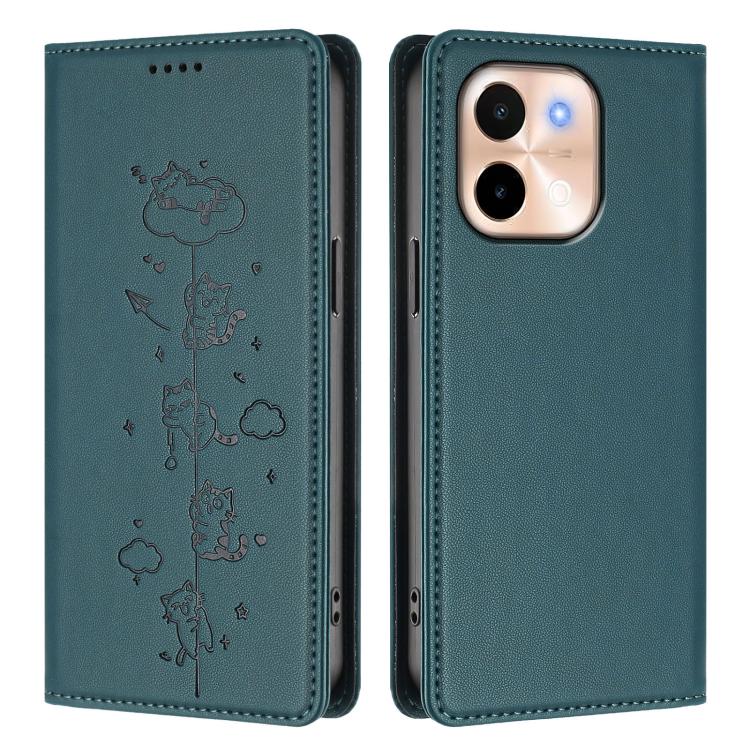For vivo Y28 4G Cute Cats Embossed Magnetic RFID Vegan Leather Phone Case