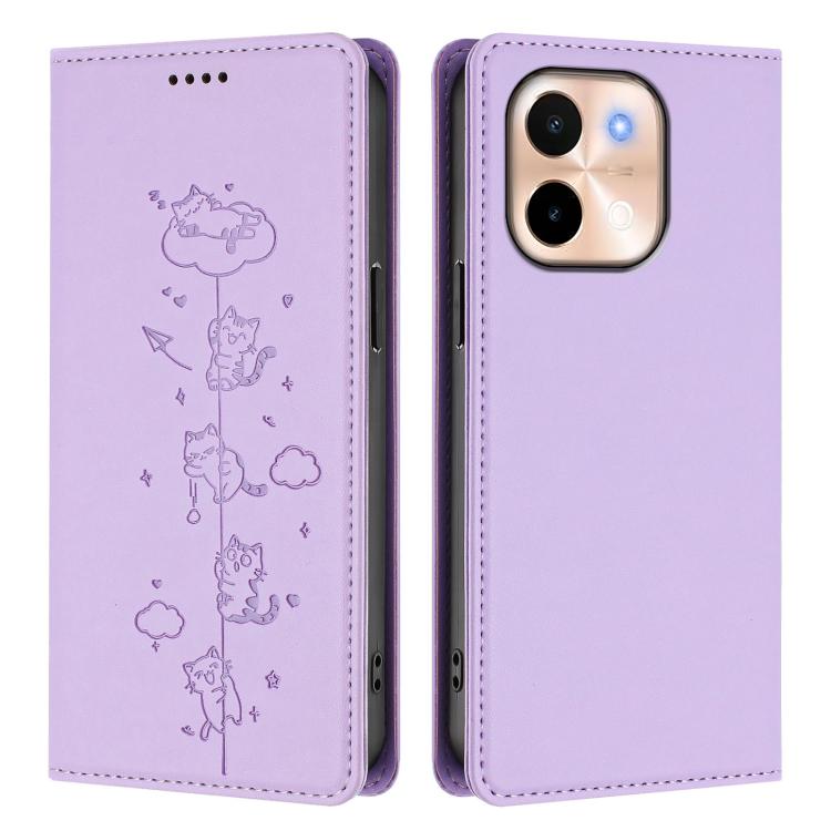 For vivo Y28 4G Cute Cats Embossed Magnetic RFID Vegan Leather Phone Case