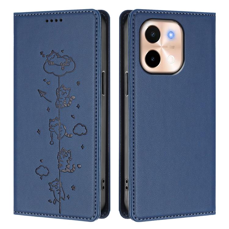 For vivo Y28 4G Cute Cats Embossed Magnetic RFID Vegan Leather Phone Case